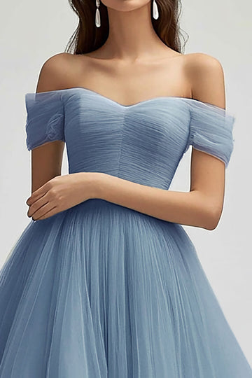 Off The Shoulder Grey Blue A Line Tulle Long Prom Dress